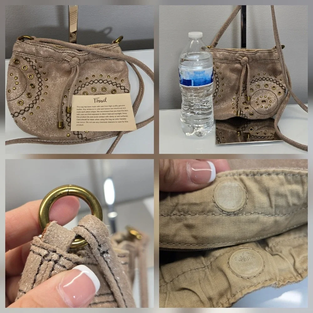 Fossil Small Leather Crossbody Bucket Bag Metallic Shimmer Suede Studded Western